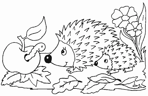 Coloring book hedgehogs are talking to the caterpillar in autumn